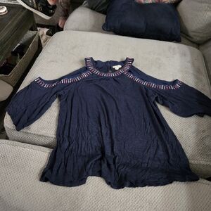 Navy Off Shoulder Top with Embroidered Trim
